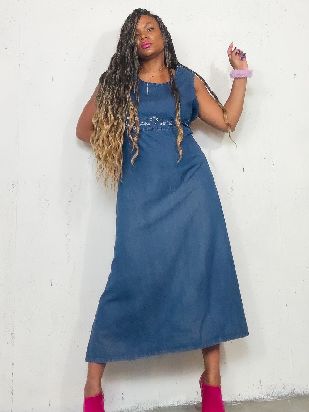 Vintage Cotton Embroidery Midi Dress, Fits XL